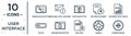 user.interface linear icon set. includes thin line window back button, question button, document with tables, information button,
