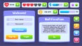 User interface for mobile game, app. UI Kit of icons, progress bars, buttons, pop-ups. Menus, indicators and rewards in