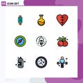 User Interface Pack of 9 Basic Filledline Flat Colors of location, medical sign, labe, human heart, heart