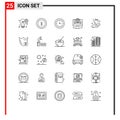 User Interface Pack of 25 Basic Lines of food, network, yen, globe, computer