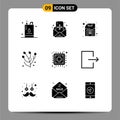 User Interface Pack of 9 Basic Solid Glyphs of chip, flower, message, anemone flower, hardware