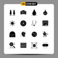 Mobile Interface Solid Glyph Set of 16 Pictograms of ball, shinning, drop, beach, toilette