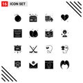 16 User Interface Solid Glyph Pack of modern Signs and Symbols of business, wedding, internet, heart, brokan Royalty Free Stock Photo