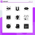 9 User Interface Solid Glyph Pack of modern Signs and Symbols of location, pin, view, warning, alert Royalty Free Stock Photo