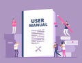 User manual concept. People with guide instruction or textbooks. User reading guidebook and writting guidance. Vector