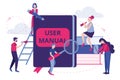 User manual concept. Team of specialists make up the user manual. Flat Vector.