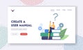 User Manual Tutorial Landing Page Template. Tiny Male Character with Pencil Sit on Guidance Booklet or Guided Textbook
