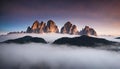 User Mountains in fog at beautiful night in autumn in Dolomites, Italy Royalty Free Stock Photo