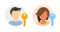 User passkey icon flat vector cartoon graphic, personal pass key digital virtual access symbol set, man woman profile secure