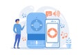 User playing music on smart speaker and mobile phone. Music playback and streaming, voice activated digital assistants for mobile