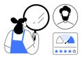 User Profile Evaluation and Feedback Concept with Magnifying Glass and Rating Elements Royalty Free Stock Photo