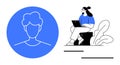 User Profile Icon and Woman Using Laptop in Minimalist Design for Digital Concepts Royalty Free Stock Photo