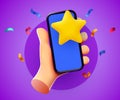 User puts an excellent rating in the mobile application. Cartoon hands with smartphone and rating star