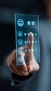 User rating feedback concept with finger pointing at star rating on transparent digital screen, futuristic technology interface Royalty Free Stock Photo