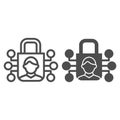 User recognition and padlock line and glyph icon. Person identification and lock vector illustration isolated on white Royalty Free Stock Photo