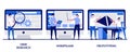 User research, wireframe, prototyping concept with tiny people. UX design abstract vector illustration set. Online survey, reports