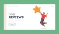 User Reviews Landing Page Template. Cheerful Male Character Holding Huge Golden Star. Feedback, Recommendation Rate