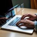 Hands Interacting with Laptop & Holographic Business Analytics Dashboard Royalty Free Stock Photo
