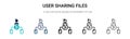 User sharing files icon in filled, thin line, outline and stroke style. Vector illustration of two colored and black user sharing