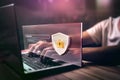 User typing login and password, cyber security concept, data protection and secured internet access