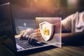 User typing login and password, cyber security concept, data protection and secured internet access