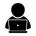 User working with computer vector icon, person with laptop icon.