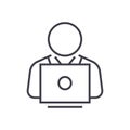 User working on laptop vector line icon, sign, illustration on background, editable strokes