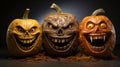 Intricately Carved Pumpkins and Wooden Bowls in a Haunting, Dimly Lit Halloween Setting Generative AI Royalty Free Stock Photo