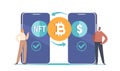 Users Exchanging Assets And Cryptocurrency Via Smart Contract Execution On Blockchain. Characters At Huge Smartphones