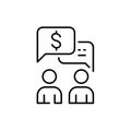 Users exchanging messages, dollar notification. P2P transaction proof. Pixel perfect, editable stroke icon
