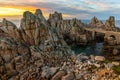 Ushant island sharp rocky coastline at sunset