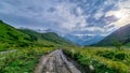 Ushguli - A hiking trail leading to the Shkhara Glacier in the Greater Caucasus Mountain Range in Georgia. Royalty Free Stock Photo