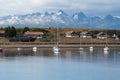 USHUAIA, ARGENTINA - april 04. 2018: Ships at the Port of Ushuaia, the capital of Tierra del Fuego, next to the little harbor town