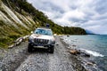 Off road adventure journey at Fagnano Lake by 4x4 car in Argentinian Patagonia