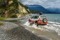 Off road adventure journey at Fagnano Lake by 4x4 car in Argentinian Patagonia