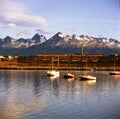 ushuaia-tierra del fuego-argentina panoramic view with buildings and houses patagonia with sky with clouds- Royalty Free Stock Photo