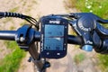 Using a bicycle computer. Bicycle computer for cycling Royalty Free Stock Photo