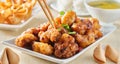 Using chopsticks to eat chinese general tsos chicken meal with crab rangoon and egg drop soup Royalty Free Stock Photo