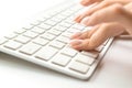 Using computer. Female online work female. Hand typing on desktop office computer keyboard. Woman using laptop. Using Royalty Free Stock Photo