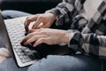 using computer, hand typing message on keyboard laptop Royalty Free Stock Photo
