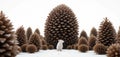 A white mouse transforms into a titan wandering through an epic forest of colossal pinecones, using forced perspective Royalty Free Stock Photo