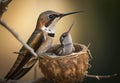 Mother hummingbird feeding her baby sitting on the nest, generative AI