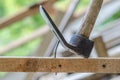 Using hammer and nail on wood and bokeh background