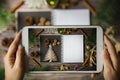 Using Hand holding tablet take photo Holiday Christmas frame card and vintage blank open book notes on the dark table, empty copy Royalty Free Stock Photo