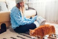 Using heater at home in winter. Woman warming her hands with cat wearing sweater. Heating season. Royalty Free Stock Photo