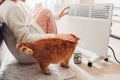 Using heater at home in winter. Woman warming her hands with cat. Heating season Royalty Free Stock Photo