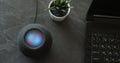 Using an HomePod Mini speaker - the smart speaker is reacting to voice listening to human commands and signalling its