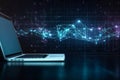 Using a laptop against the background of visualization of a computer internet network, Generative AI.