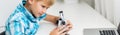 Using microscope. Children plays a scientists in lab by using equipment. Royalty Free Stock Photo