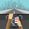 Using mobile phone while driving. Flat illustration